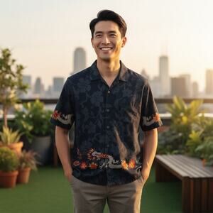 Hilo Hattie Black Floral Dragon Button Down Shirt Hawaiian Cotton Mens Size L